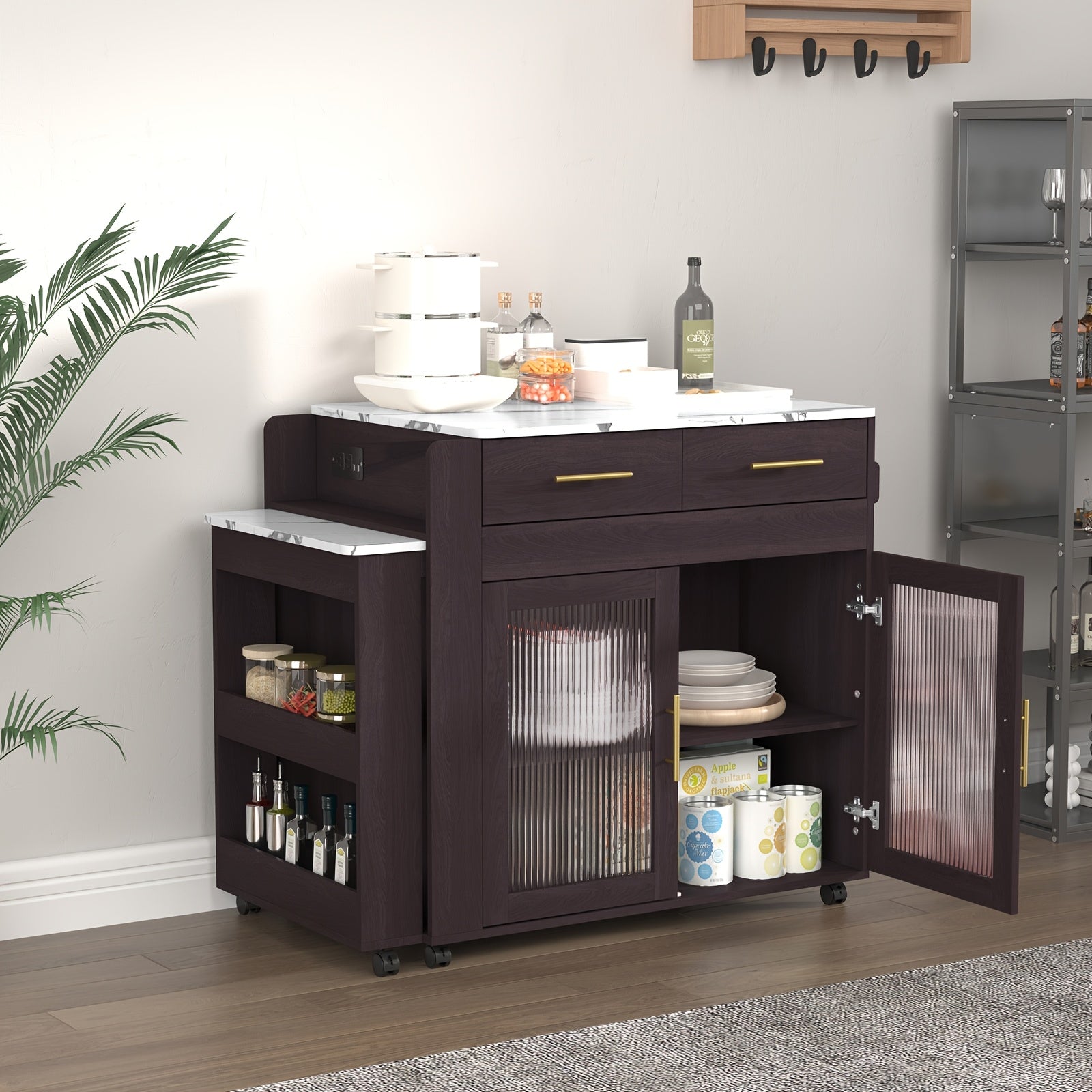 HLR Rolling Kitchen Island Cart On Wheels With Storage Cabinet And 2 Drawers, Kitchen Island With Extendable Dining Table, Marble Grain Top Kitchen Island, Island Table For Kitchen