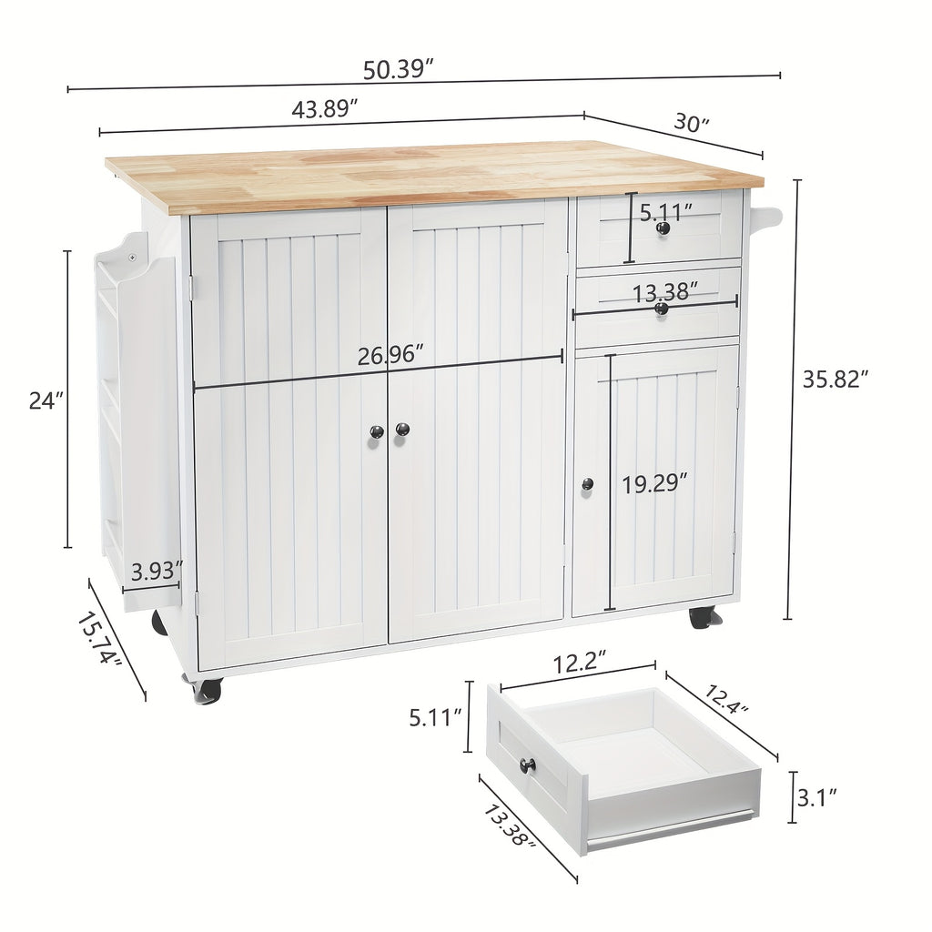 Modern Mobile Kitchen Island Cart with Extendable Drop Leaf Breakfast Bar, Locking Wheels, Storage Cabinet, Drawer & Open Shelves - Heavy-Duty Rolling Kitchen Cabinet with Spice Rack, Towel Rack - Space-Saving Design for Small Kitchens, Apartments, Dining