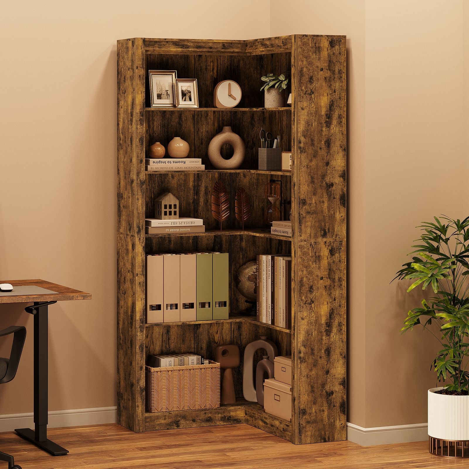 Heavy Duty Corner Bookshelf - Freestanding Storage Shelf with Space-Saving Tiered Design, Sturdy Hardwood Construction, Easy Assembly, Multi-Tier Shelving Unit for Home Office, Living Room, Study - Modern Open Organizer Shelf with -Tip Safety