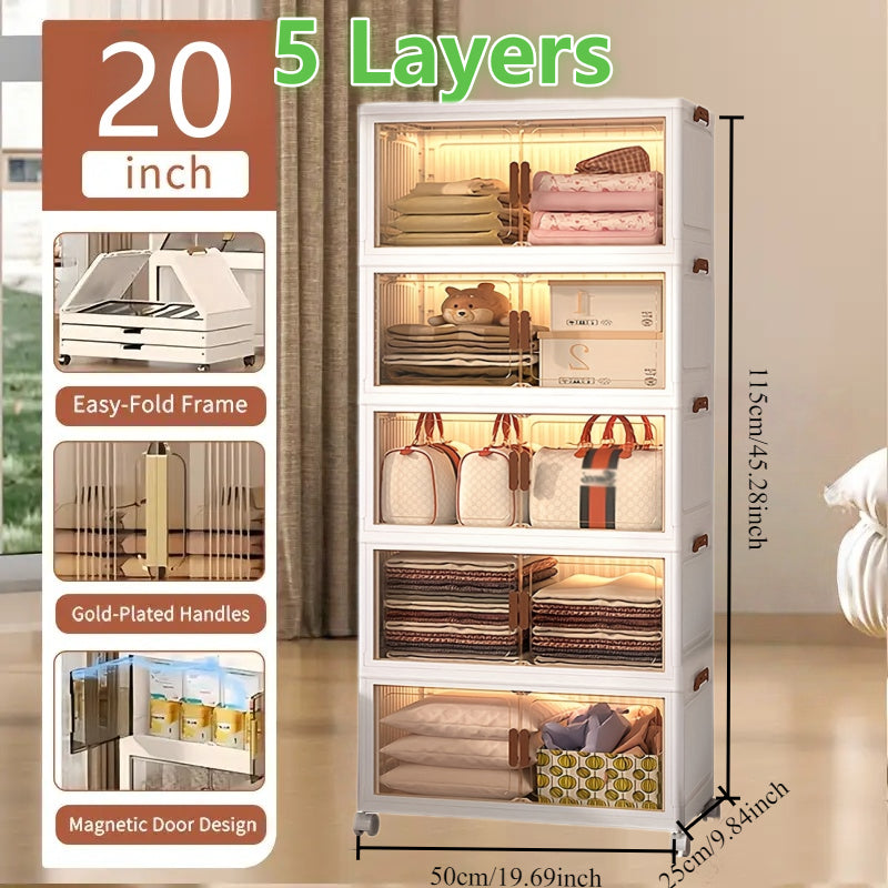 1\u002F2\u002F3\u002F4\u002F5\u002F6-Tier Extra Large Collapsible Storage Cabinet with Locking Doors - Heavy-Duty PVC Plastic Stackable Organizer System with 4-Wheel Mobility, Foldable Design & Front Panels for Closet, Bedroom, Office, Kitchen - Space-Sav