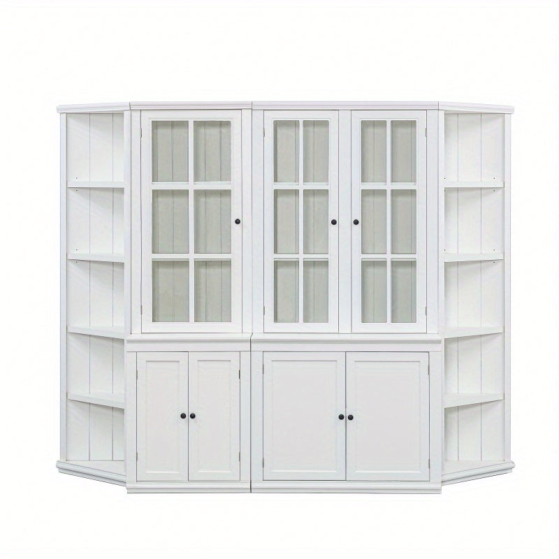 75.25'' Tall Display Cabinets and Two Triangle Sided Bookshelves 92.9'' Wide Retro Style Wall Suit with Glass Doors for Hallways Living room Office Studio or Workspace White