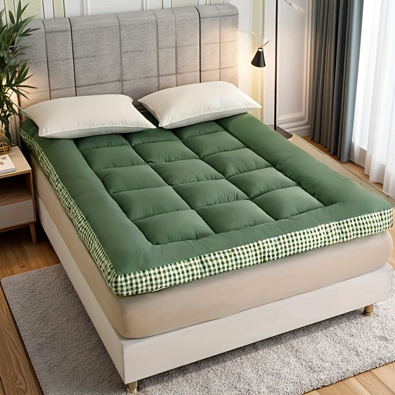 1pc 1200gsm Roll Up Mattress, Blue Green Pink Topper - 3.15-3.94inch Thick Quilted Bed Topper With Checkered Border, Thick Tatami Mat Sleeping Pad, Machine Washable, For Sofa Bed, Guest Room, Home Decor, Sofa Bed Mattress, Best Gifts For Family