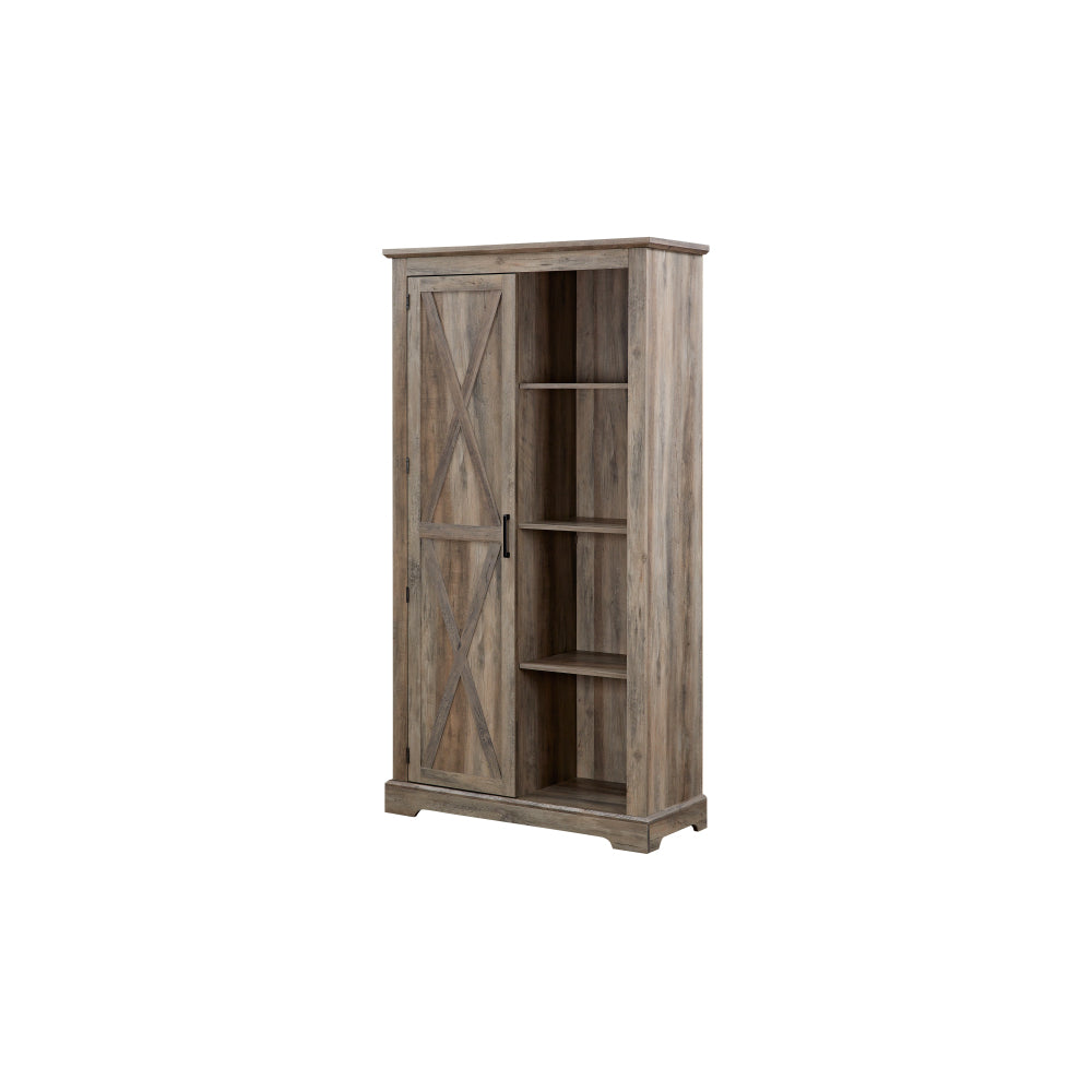 Large Rustic Farmhouse Tall Storage Cabinet with Barn Door - Solid Wood, Adjustable Shelves & X-Design Doors, Gray Wash White Oak Pantry Cupboard, 39.37\