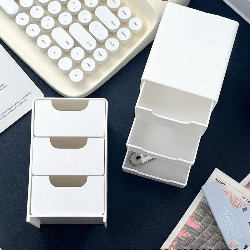 No-assembly desktop storage cabinet, stylish 3-tier white drawer organizer with round handles, suitable for office supplies, jewelry, and cosmetics. Lightweight and odor-free, a cute and practical desk organizer