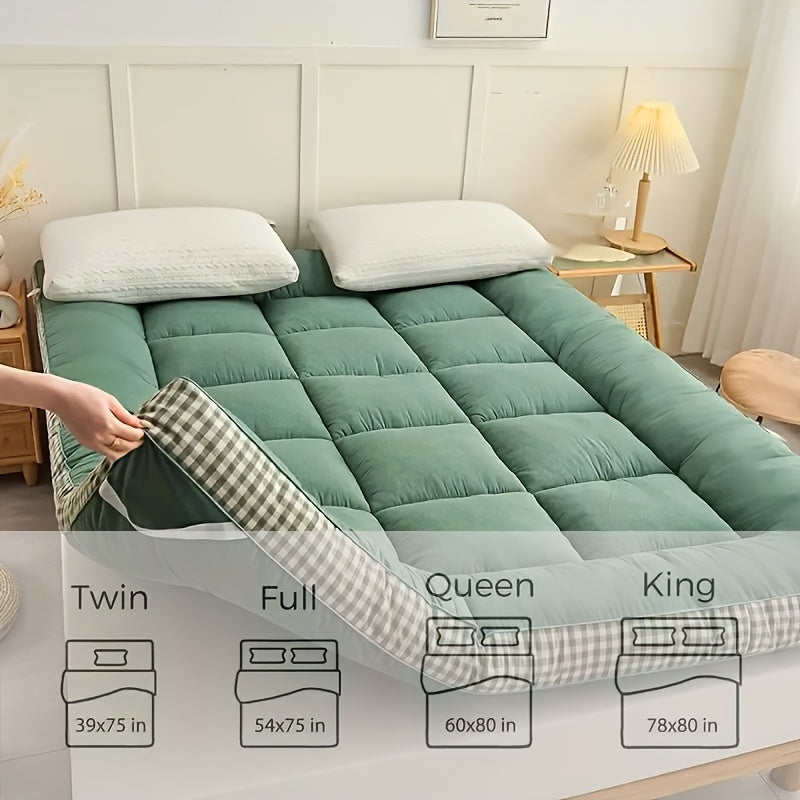 1pc 1200gsm Roll Up Mattress, Blue Green Pink Topper - 3.15-3.94inch Thick Quilted Bed Topper With Checkered Border, Thick Tatami Mat Sleeping Pad, Machine Washable, For Sofa Bed, Guest Room, Home Decor, Sofa Bed Mattress, Best Gifts For Family