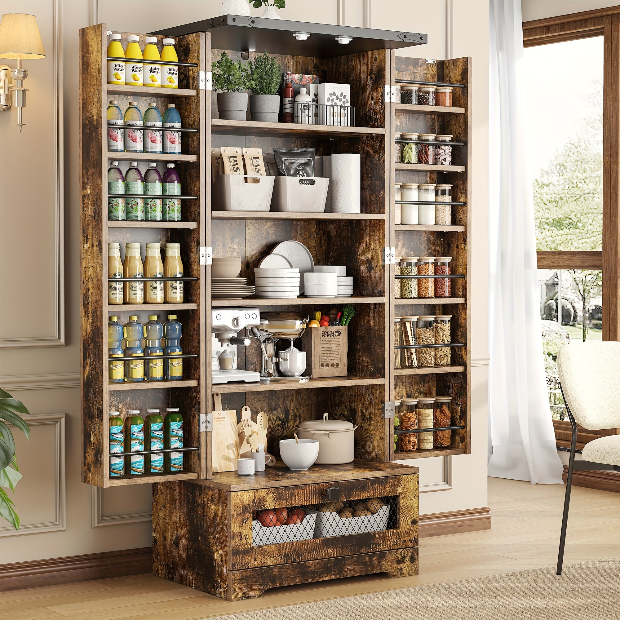 55'' Pantry Cabinet, Kitchen Pantry Storage Cabinet With Adjustable Shelves And Drawer, Wooden Kitchen Storage Cabinet, Buffet Cupboards Cabinet For Kitchen, Living Room, Bathroom, Dining Room, Storage Drawer Units