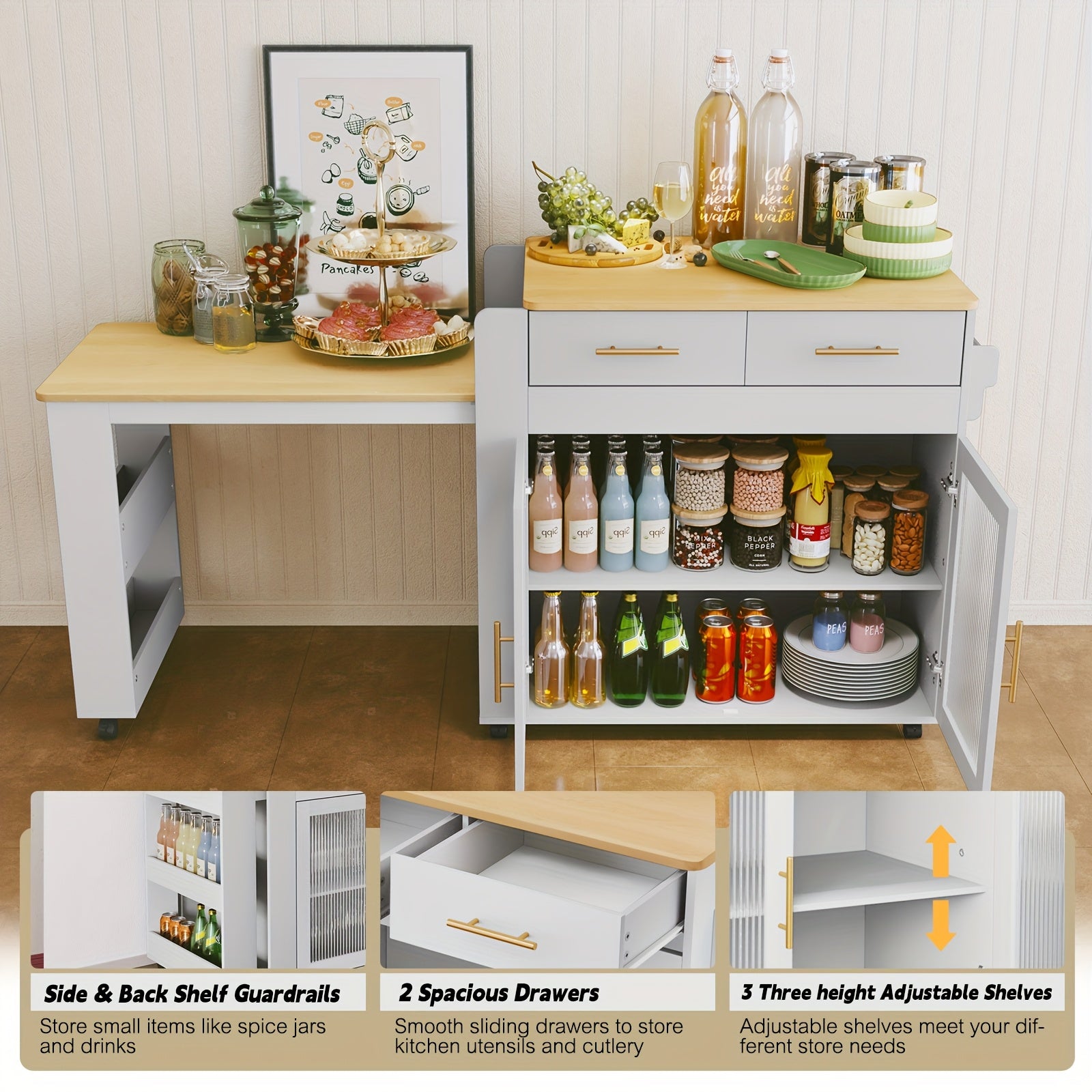 HLR Rolling Kitchen Island Cart On Wheels With Storage Cabinet And 2 Drawers, Kitchen Island With Extendable Dining Table, Marble Grain Top Kitchen Island, Island Table For Kitchen